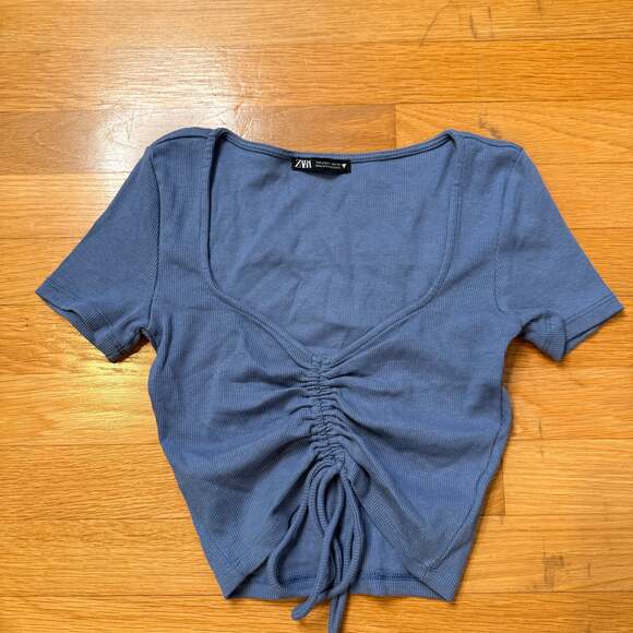 Zara Blue Ribbed Ruched Drawstring Front Crop Top - Picture 3 of 5